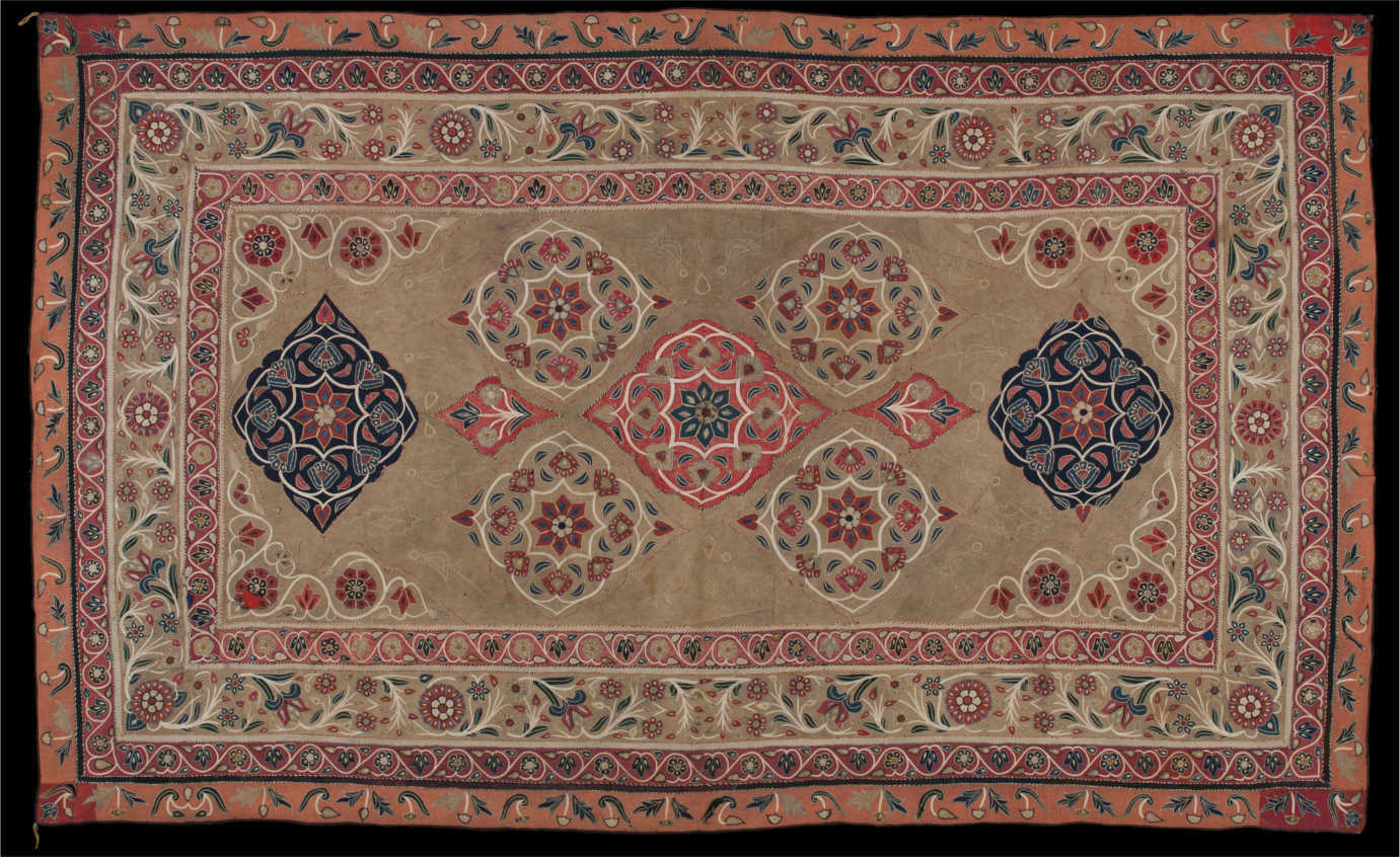 From *The Red That Colored the World*.  Iran Trade Cloth from South Persia, mid-19th century. Wool embroidery and applique. 75 3/16&rdquo; x 45 11/16&rdquo; Museum of International Folk Art, Gift of Cyrus Leroy Baldridge. (A.1965.31.40 SW) Photo by Blair Clark. Image courtesy of the  Museum of International Folk Art.