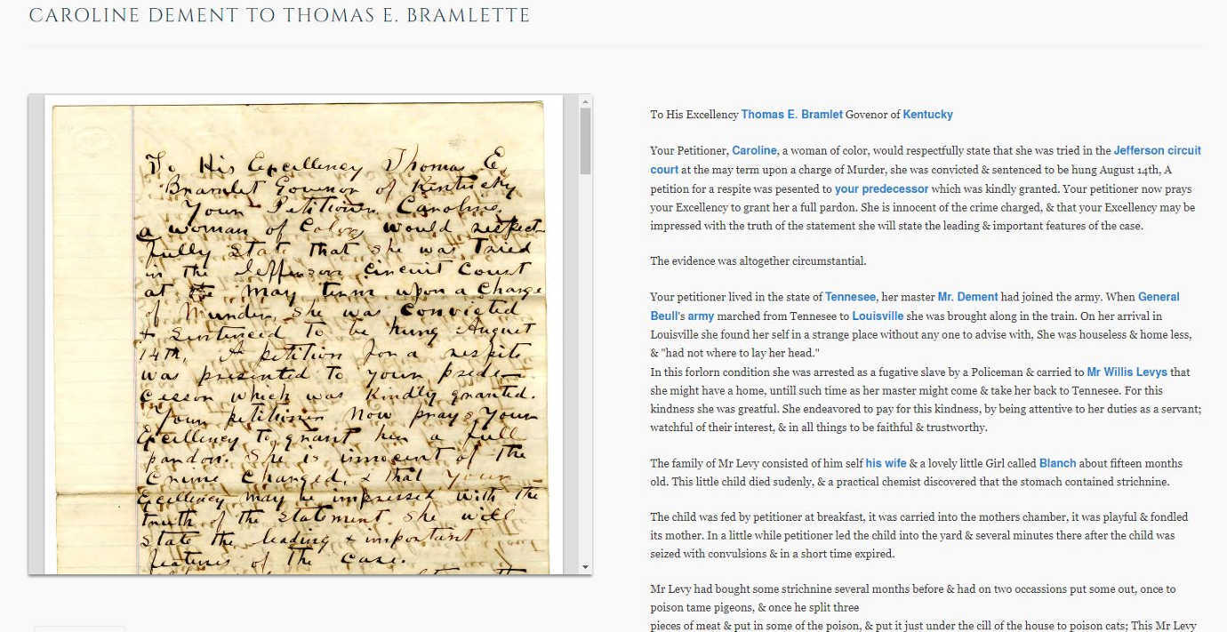 *The Civil War Governors of Kentucky Digital Documentary Edition* makes accessible the histories of everyone who interacted with the governor's office&mdash;including Caroline Dement, a homeless African American woman. Image courtesy of the Kentucky Historical Society.