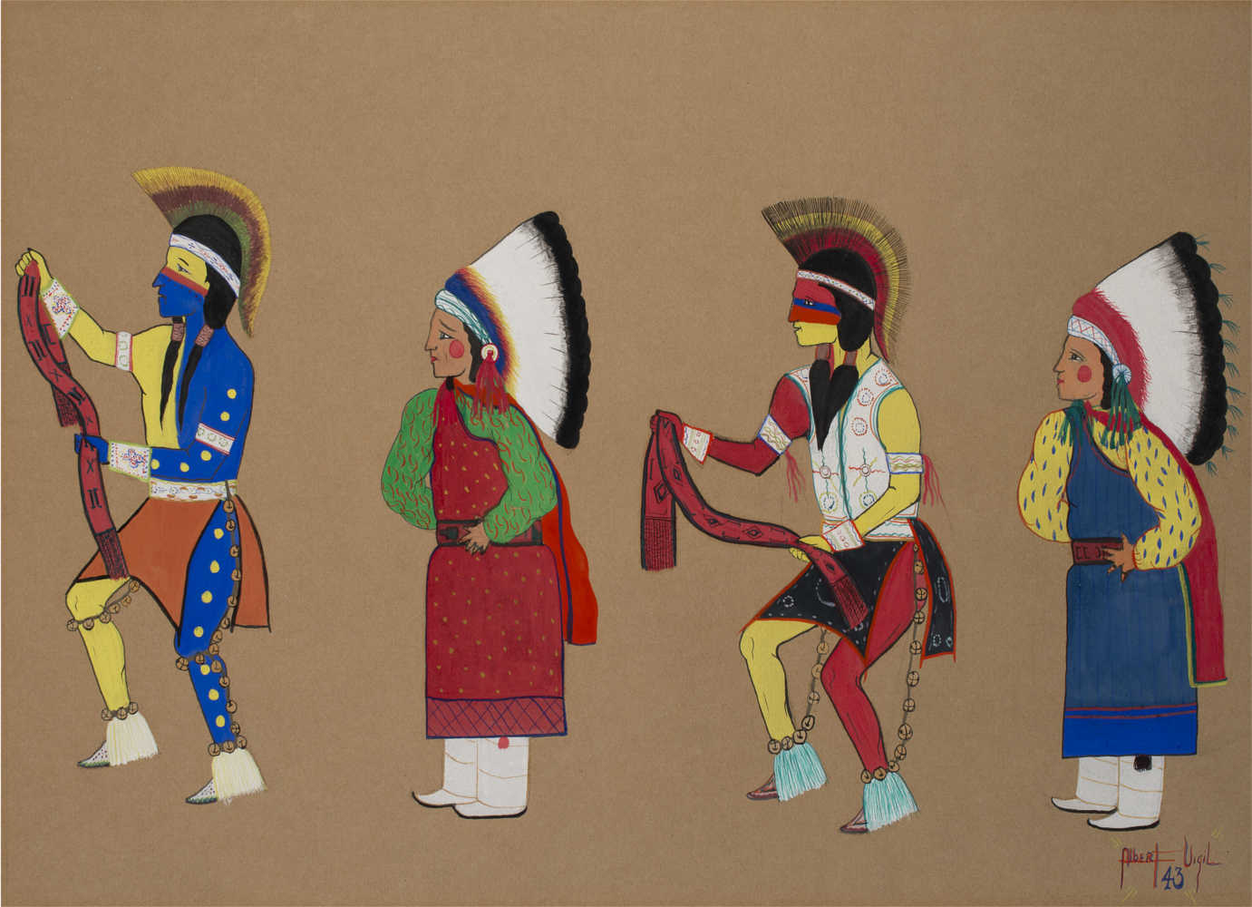 The Heard Museum has selected new works of art for the updated exhibit, *Away From Home: American Indian Boarding School Stories*. These have been acquired since *Remembering Our Indian School Days: The Boarding School Experience* opened in 2000. Among these is Albert Vigil's (San ildefonso Pueblo) &ldquo;Belt Dancer,&rdquo; a student painting made at age 16 at Santa Fe Indian School, 1943. Gift of Duane and Jean Humilickek. 4460-14. Image courtesy of the Heard Museum.