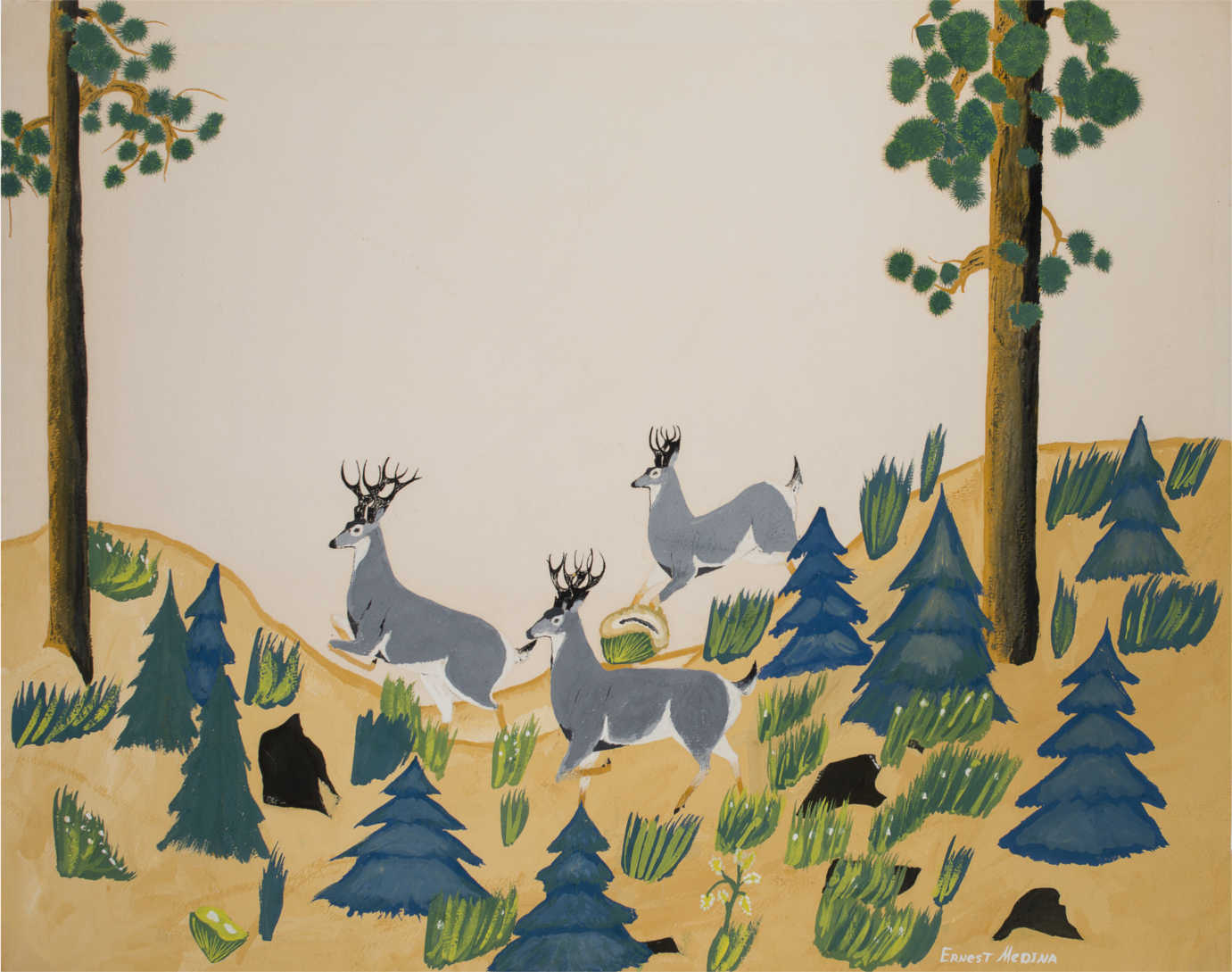 Ernest Medina's (Zia Pueblo) &ldquo;Forest,&rdquo; a student painting made at age 15 at Santa Fe Indian School, 1950. Gift of James T. Bialac. 4456-4