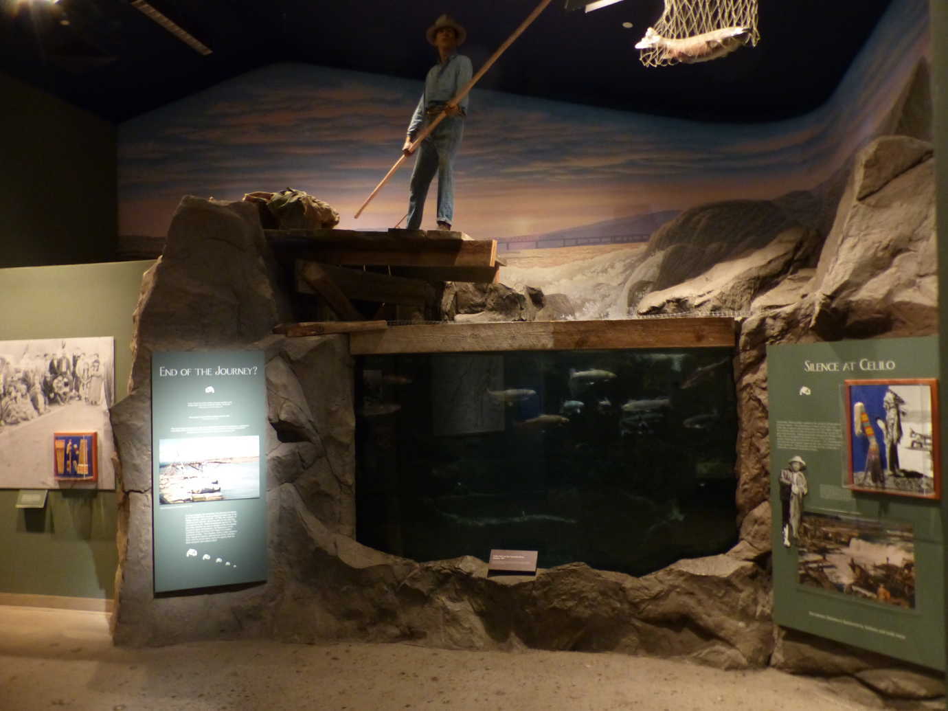 Celilo Falls on the Columbia River, depicted in the High Desert museum&rsquo;s *By Hand Through Memory* permanent exhibition. The museum is known for embedding their living collection within their exhibitions&mdash;in this example, there are native trout, sturgeon, and salmon. Image courtesy of the High Desert Museum.