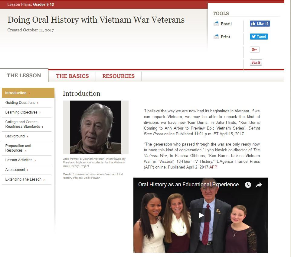 In conjunction with Ken Burns&rsquo;s release of *The Vietnam War,*  EDSITEment published resources that help teachers plan oral history projects featuring veterans. Image courtesy of EDSITEment.