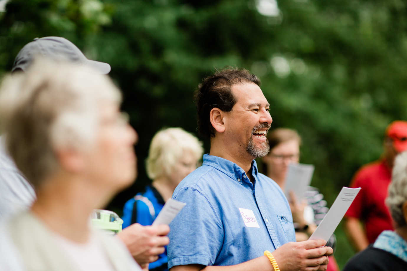 Trailside discussion along Indianapolis&rsquo;s Urban Wilderness Trail during Indiana Humanities&rsquo; *Next Indiana Campfires* program. Photo courtesy of Tessa Tillet for Indiana Humanities.