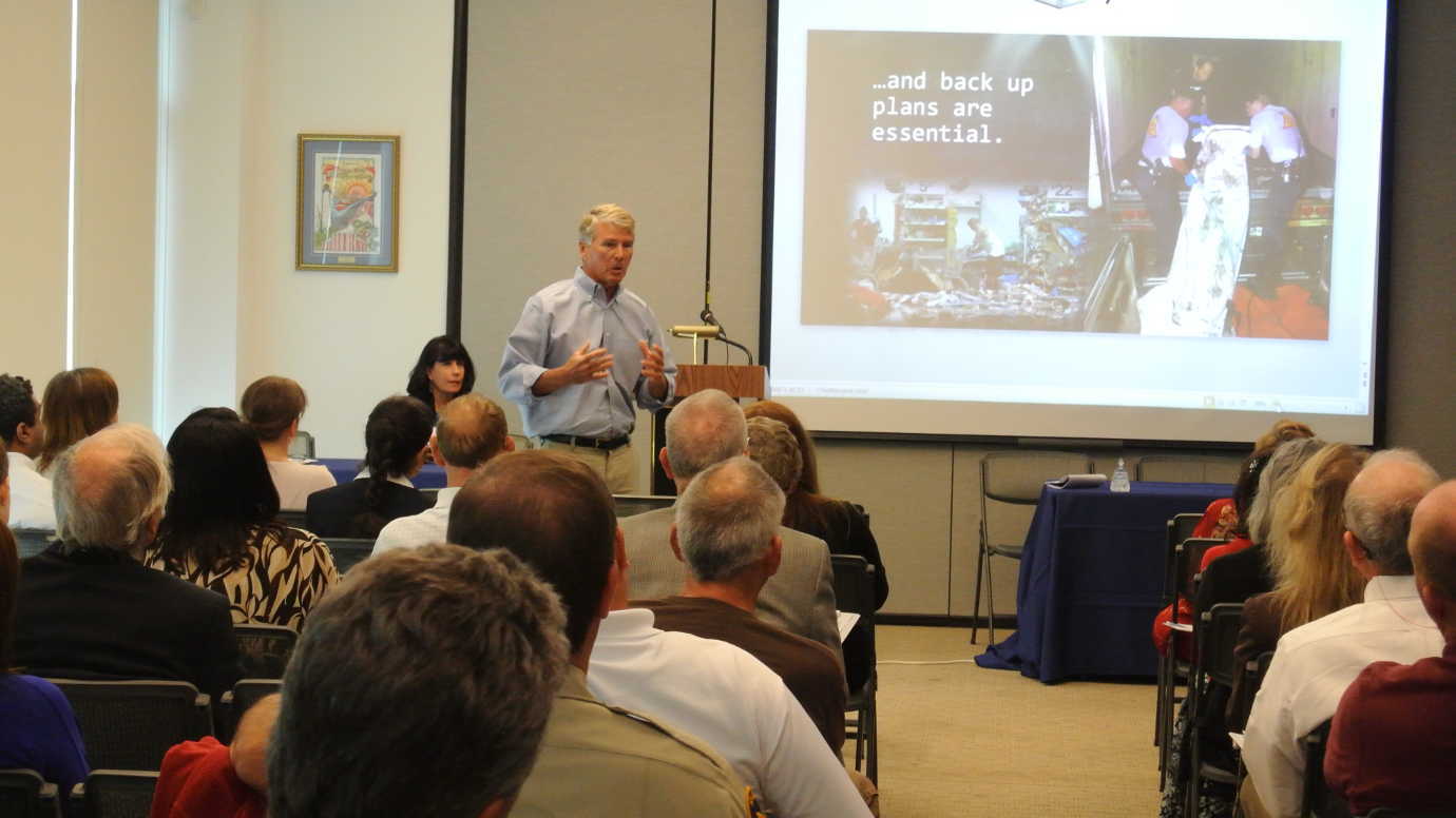 Gene Taylor, a former U.S. Representative,  gives the keynote address at the Mississippi Gulf Coast Alliance for Response Forum at the Maritime & Seafood Industry Museum in Biloxi on April 27, 2016. The keynote was titled &ldquo;Katrina +10: Lessons Learned.&rdquo; Image courtesy of FAIC.
