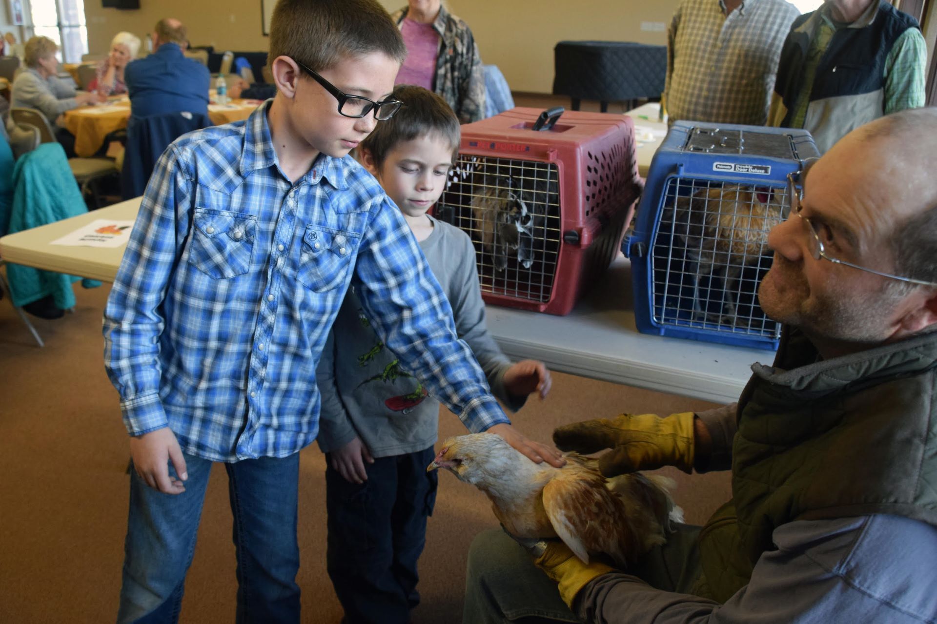 Families attending the community dinner exploring &ldquo;Our Heritage of Chickens&rdquo; learned about raising hens from a local farmer. Photo courtesy Entrada Institute, Inc.